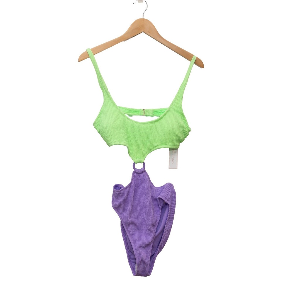 Salt + Cove Monokini Swimsuit Womens XLarge Green Purple NEW Crinkle Cutout Ring